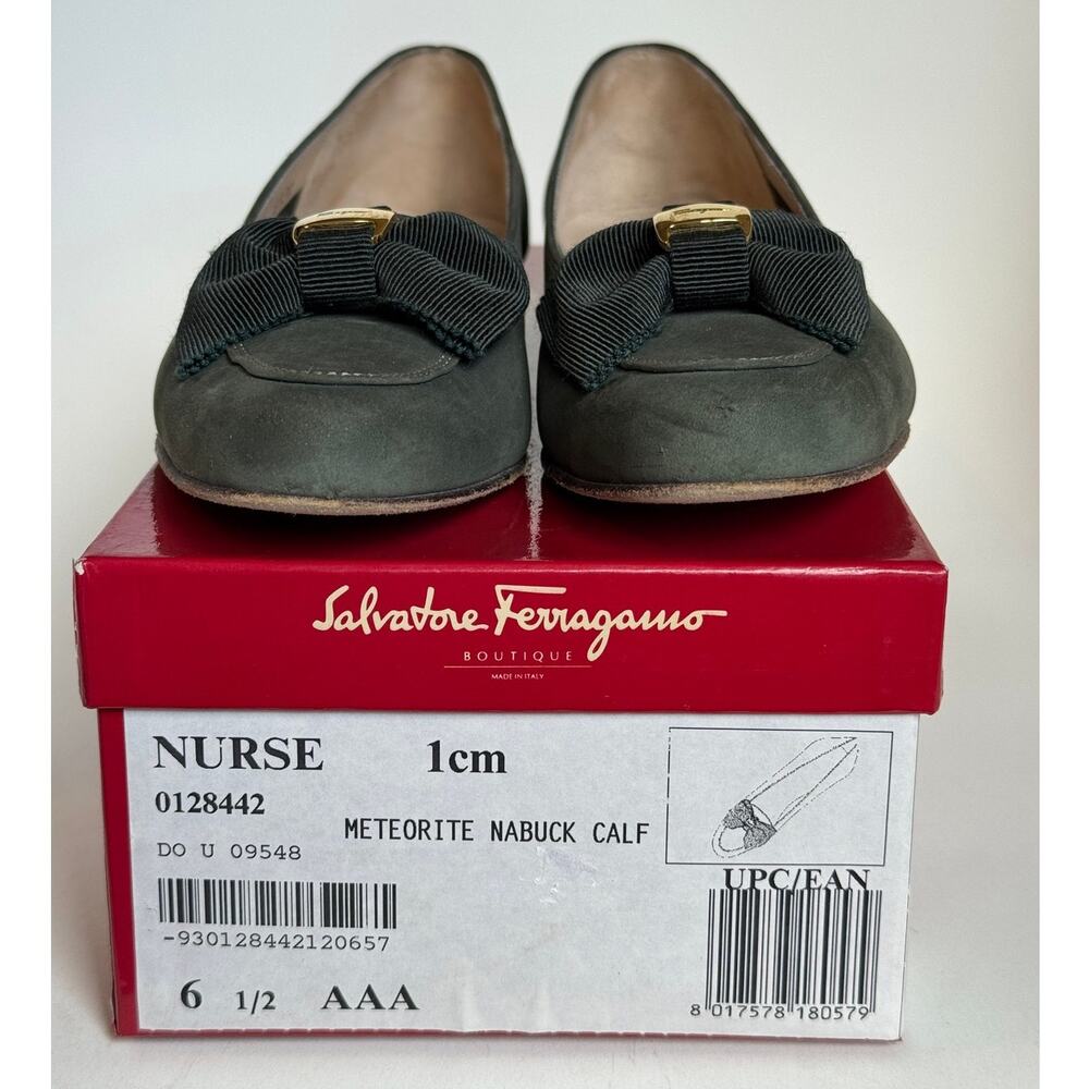 Vintage Salvatore Ferragamo Nurse Flats 6.5 AAA Meteorite Nabuck W' BOX